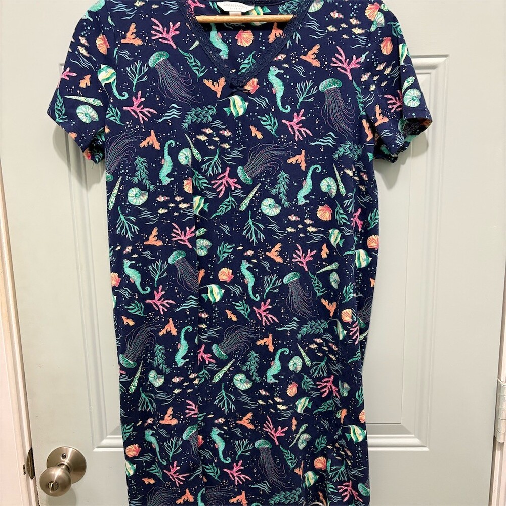 Charter Club Intimates Nightgown Womens L Blue Nautical V-Neck Lace Trim